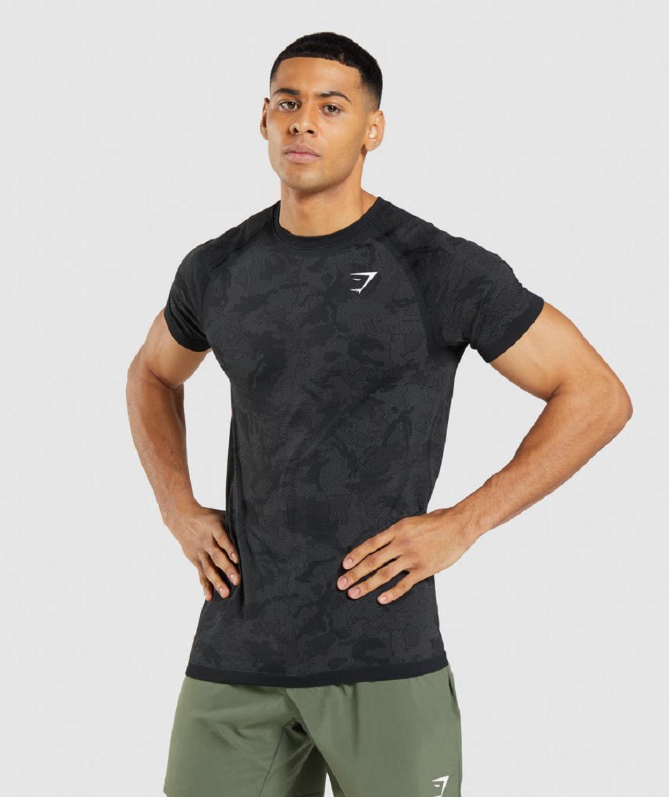 T Shirts Męskie Gymshark Geo Seamless Czarne Szare | PL 3777ZUT